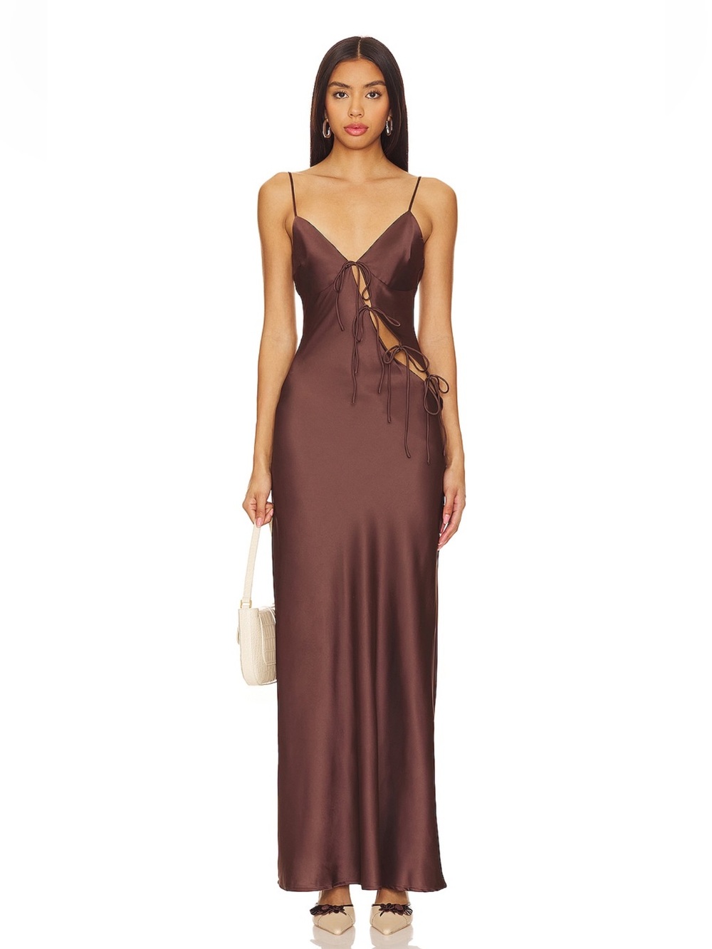 Lioness Brown Satin Lace-Up Slip Dress